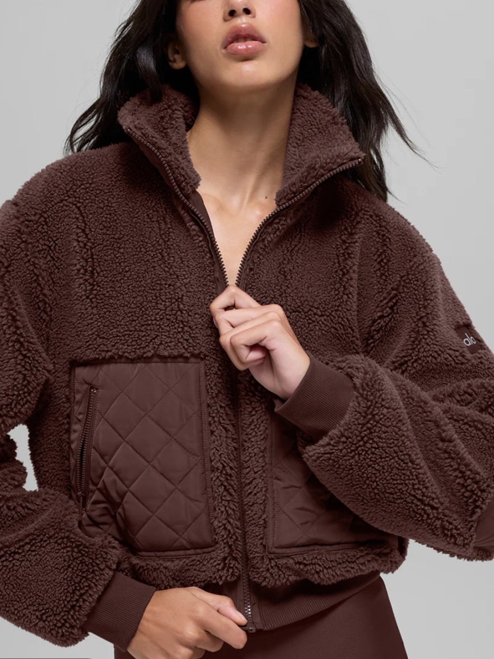 ALO Yoga Black Sherpa Zip-Up Jacket with Quilted Pockets
